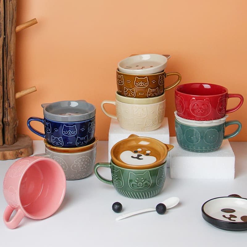 Cute Animal Cartoon Ceramic Cup, Ins Style Embossed Mug, Breakfast Oatmeal Cup, Coffee Cup Water Cup, High-Quality