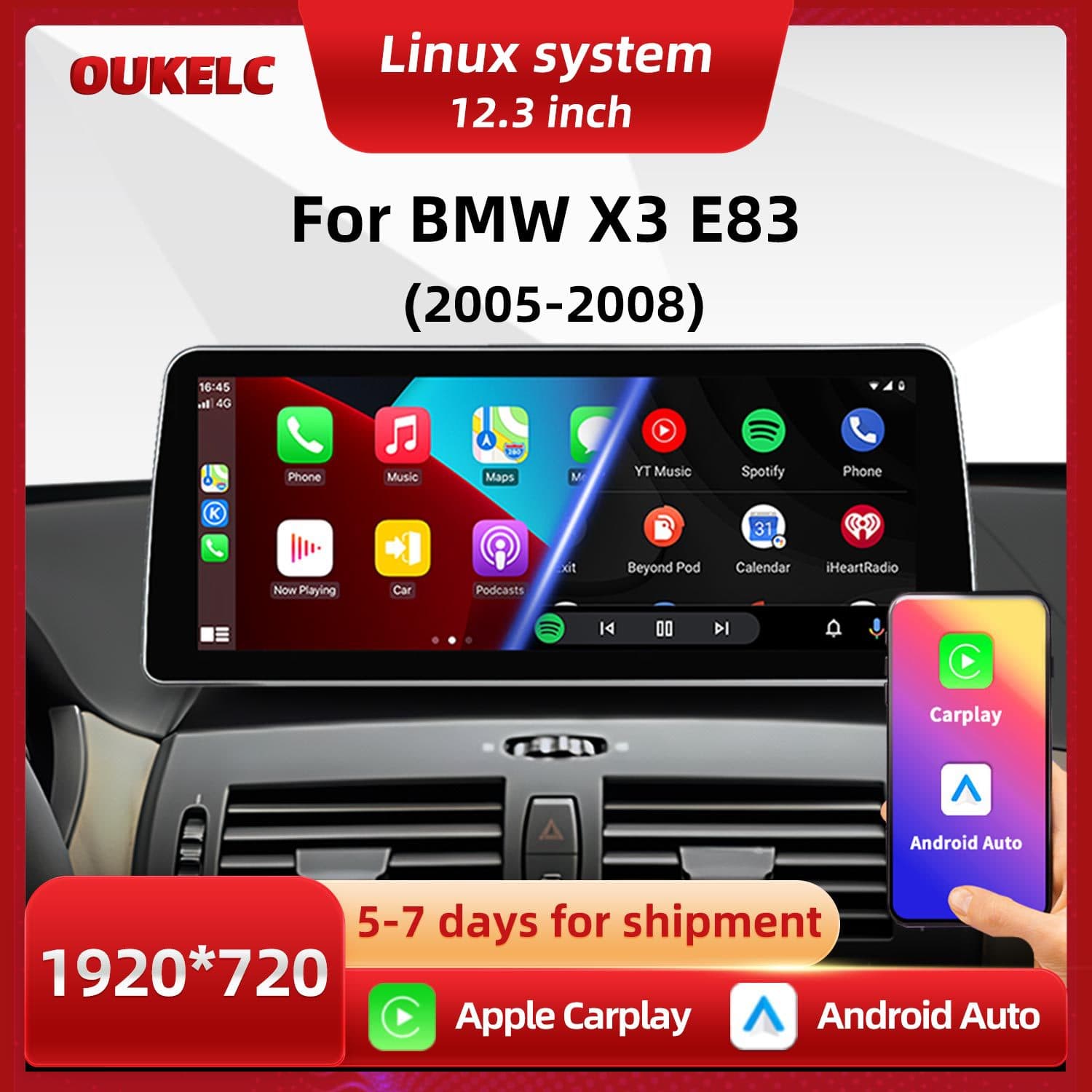 12.3-inch Carplay Rearview Camera Integrated Unit for BMW X3 E83 Dashboard Large Screen Navigation