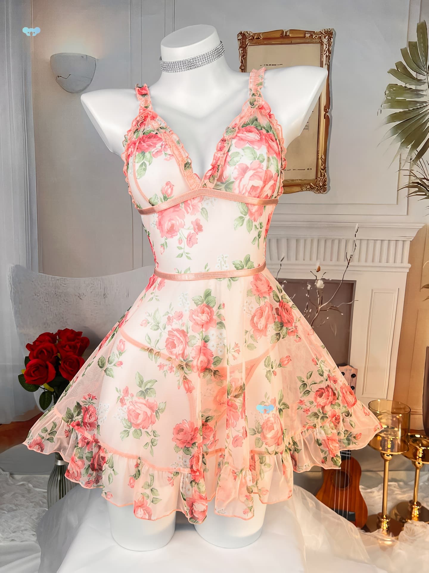 Women's Floral Print Lingerie Set, Sexy Chemise and Thong