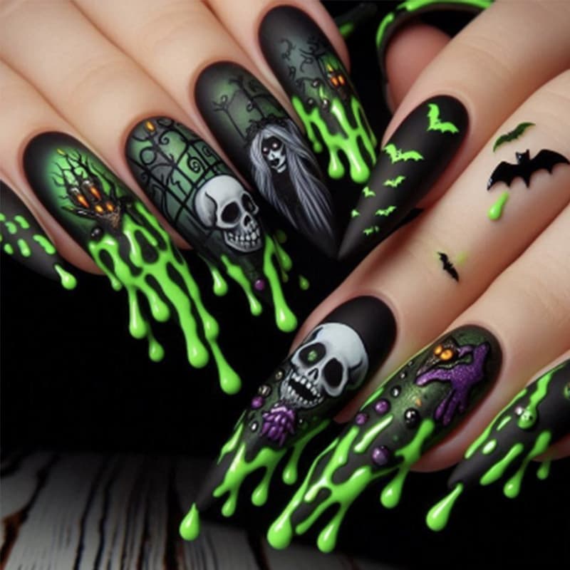 Halloween Long Stiletto Press-On Nails Dark Skull Bat Green Series Fake Nails Finished Product