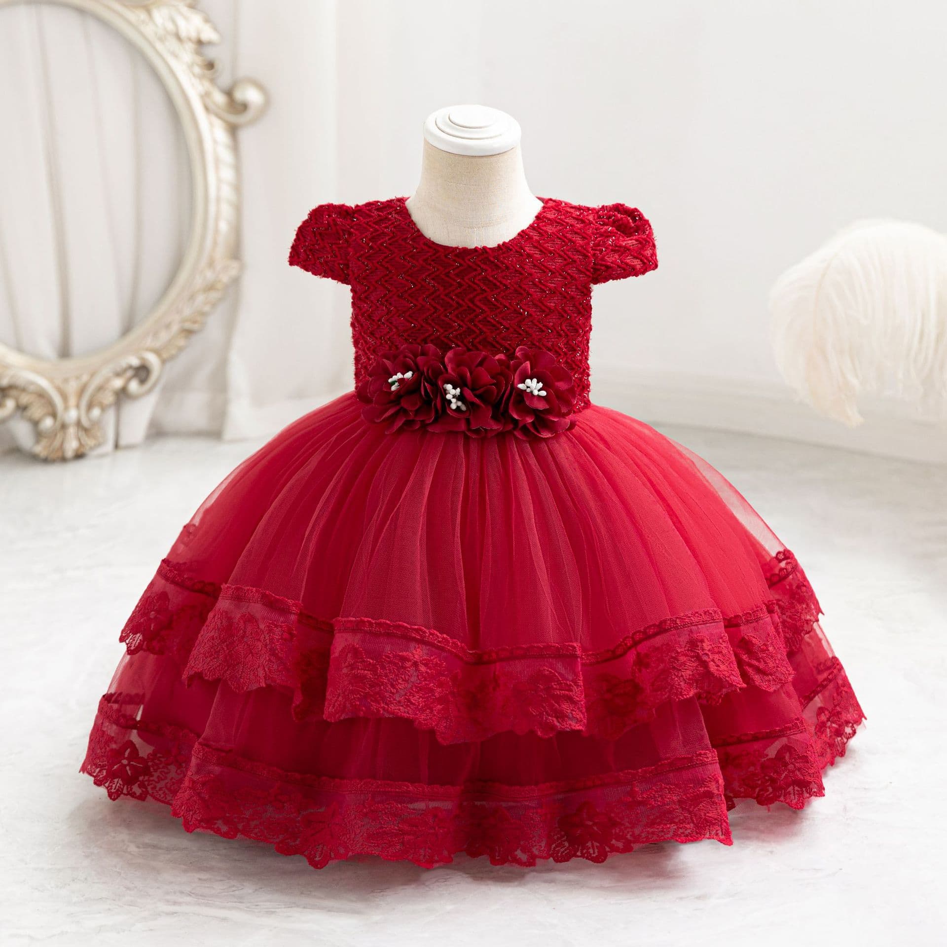 New European and American Style Sequined Tulle Flower Girl Dress for Wedding, Birthday, Banquet, and One-Year-Old Baby Girl Princess Dress