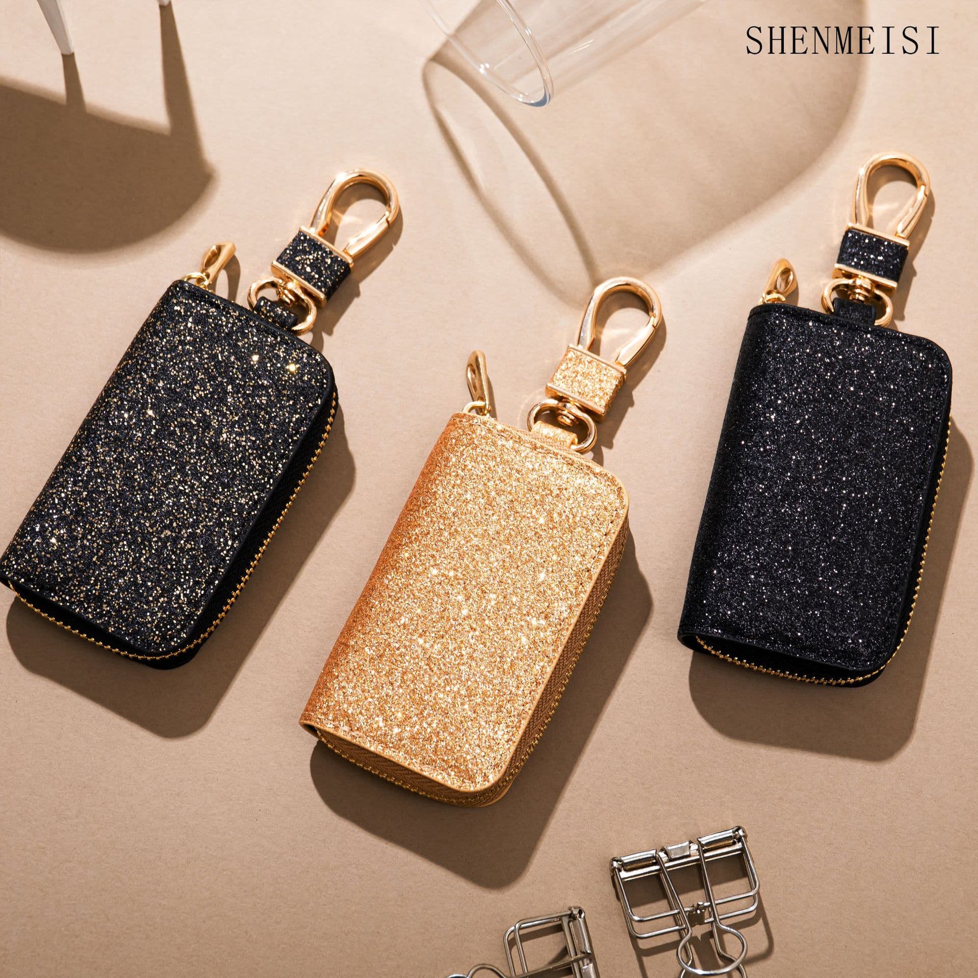 Mini car key pouch, unisex, creative sparkly leather keychain.
