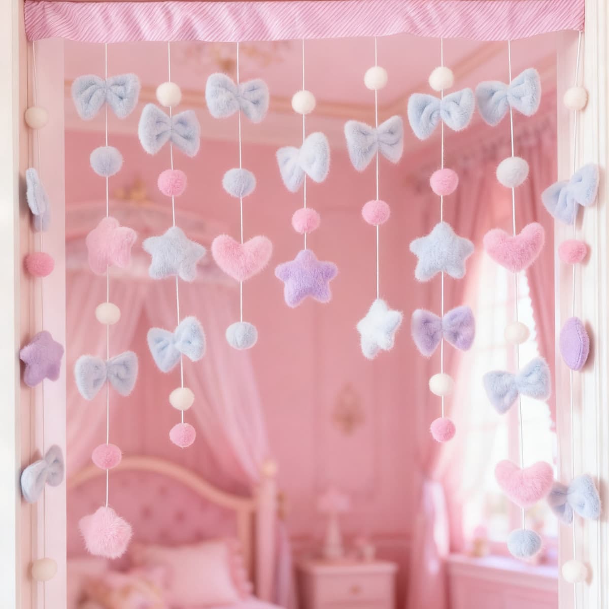 Cute Cartoon Decorative Curtain for Girls, Handmade Fabric DIY Versatile Beaded Door Curtain