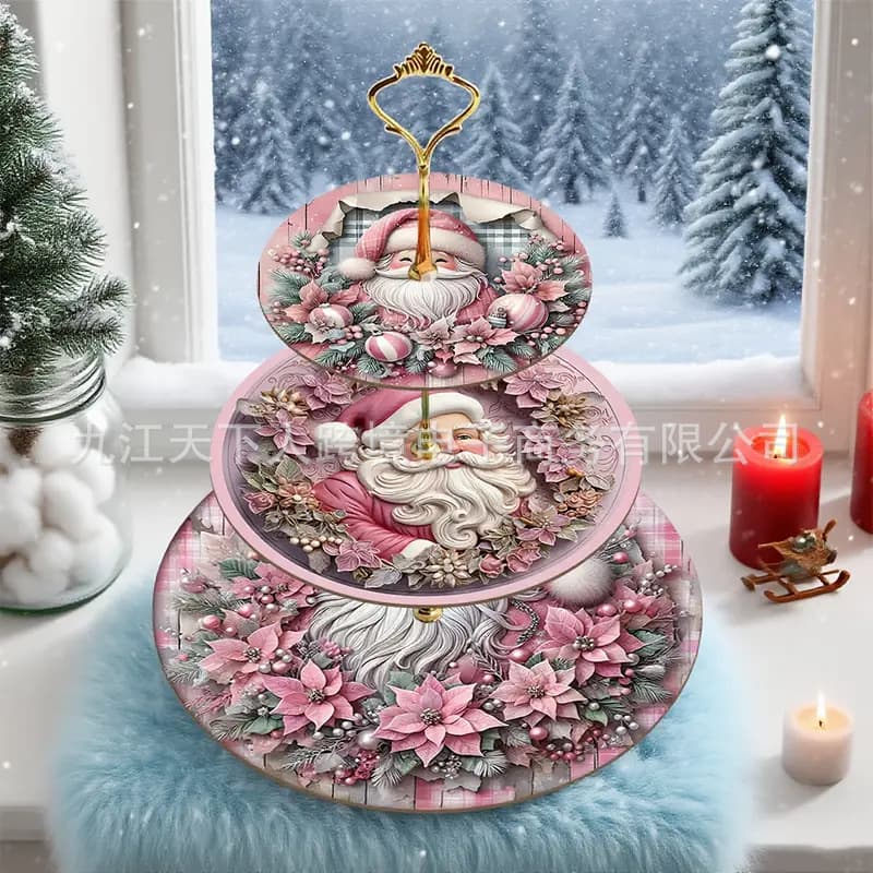 Cross-border hot selling wooden three-tier pink Santa Claus cake stand TEMU hot selling living room home decoration tray