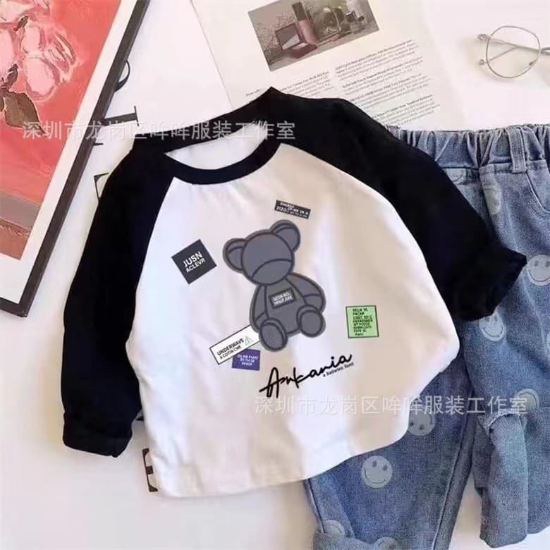 Korean Contrast Color Boys' Shoulder Cartoon Long-sleeved T-shirt 100% Cotton Base Shirt for Children and Babies in Autumn 2024