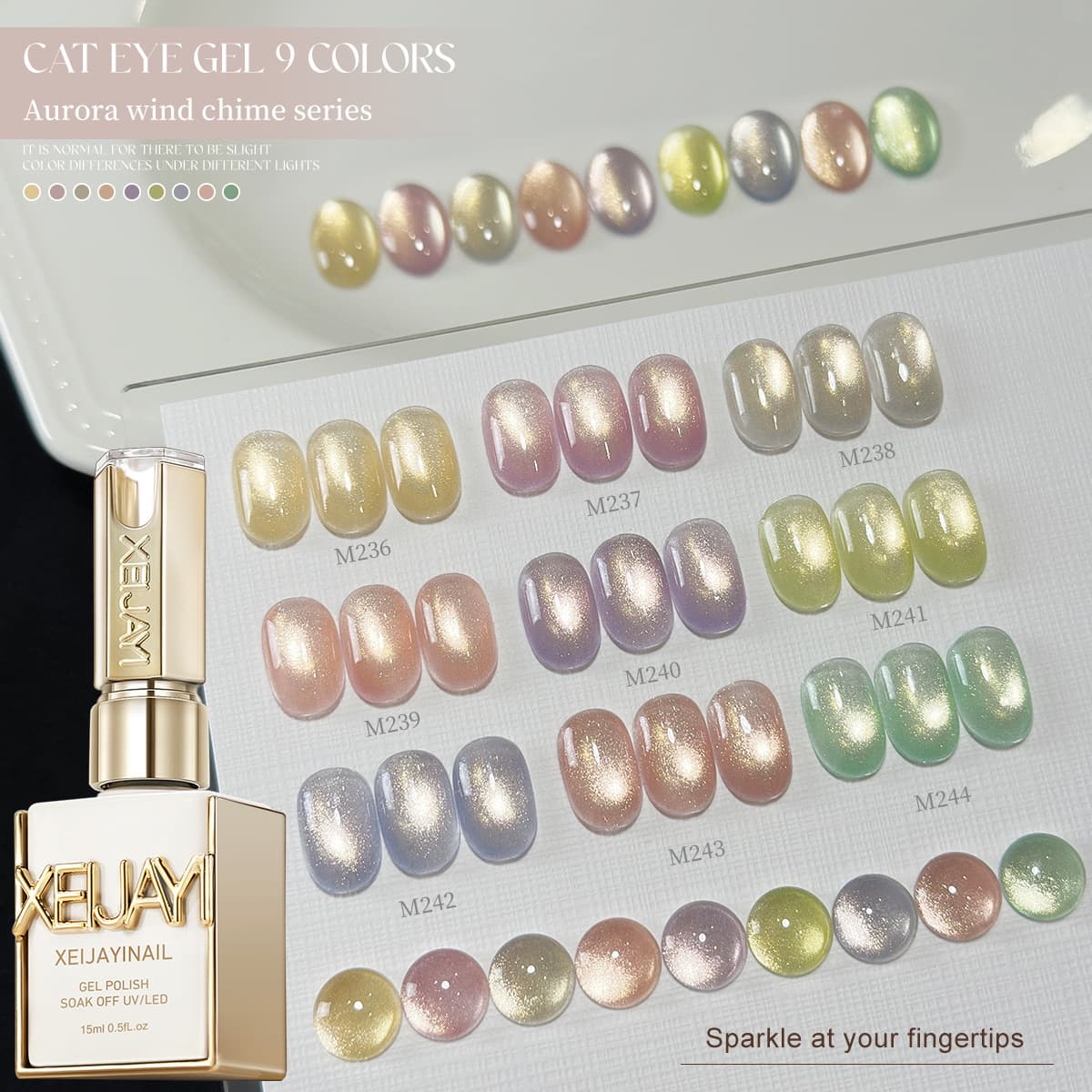 XEIJAYI 9 Colors Fluctuating Wind Chime Cat Eye Nail Polish 15ml Reflective Cat Eye Magnetic Nail Gel Soak