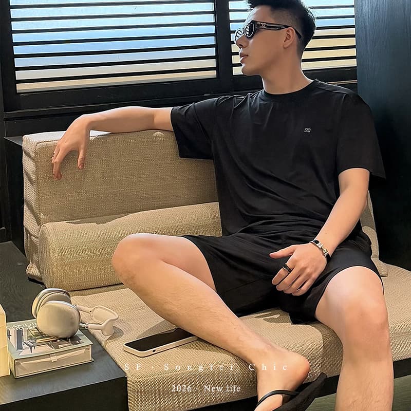 4001 Ice Silk Cool Men's Pajamas Summer Breathable Comfortable Short Sleeve Shorts Loungewear Loose Sportswear Set Cross-Border