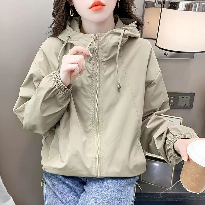 Hooded Short Pure Color Petite Jacket for Women Spring Loose Casual Jacket Double Zipper Trendy Top