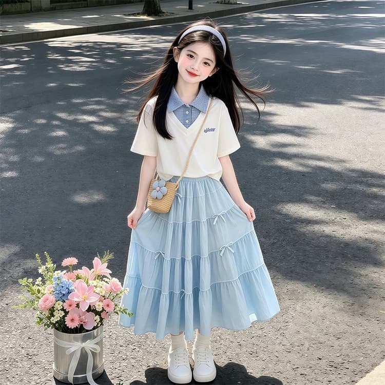 Girls' Summer Set 2026 New Stylish Big Kid Korean Style Plaid Polo Shirt Short Sleeve Skirt Two-Piece Set