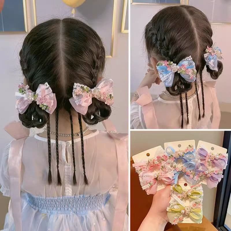 Girl's Exquisite Embroidered Flower Ribbon Bow Hair Clip Pair, Children's Sweet Elegant Floral Delicate Hair Accessory