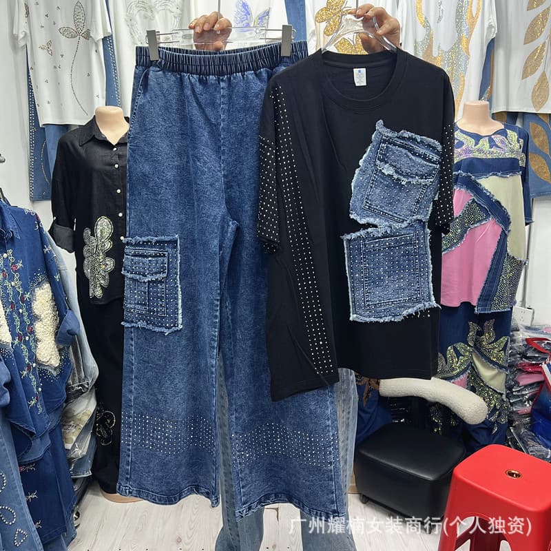 Export European and American Style Heavy-Duty Rhinestone Denim Patchwork Short-Sleeve T-Shirt Top + Elastic Waist Denim Wide-Leg Long Pants Set