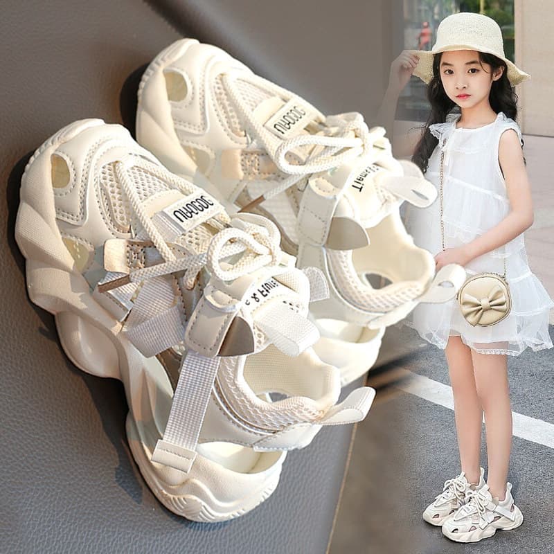 Girls' Sandals 2026 Summer Style Children's Hollow Sports Frame Shoes Girls' Toe-Covered Mesh Princess White Mesh Shoes