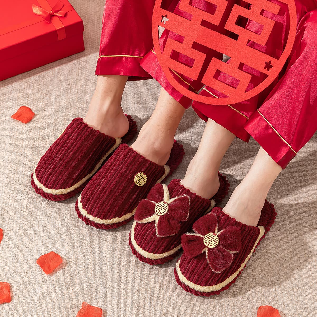 Lidani Red Slippers for Wedding Celebrations, High-End Newlywed Bride's Dowry, Couple's Wedding Celebration, Wedding Robe, Wedding Shoes