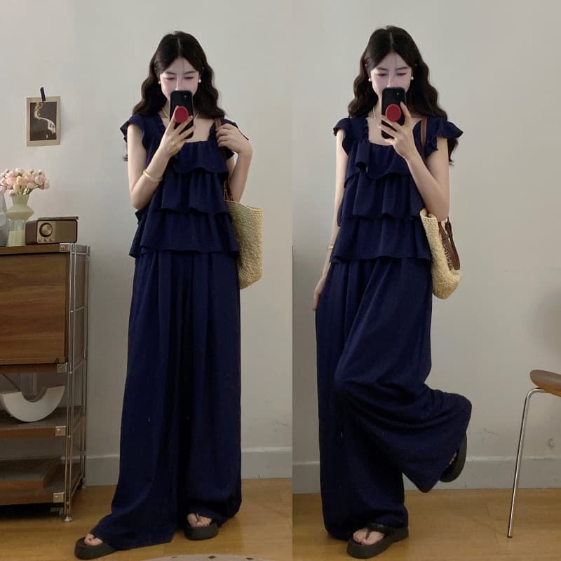 2025 New Maternity Summer Outfit: Flutter Sleeve Top with Pig Nose Buckle Wide-Leg Pants Set