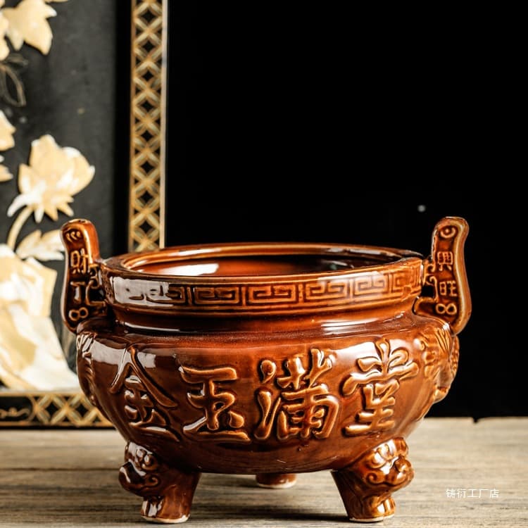 Home Ceramic Three-Legged Incense Burner, Indoor Aromatherapy Bowl, Outdoor Small Burner with Antique Bronze Double Handles