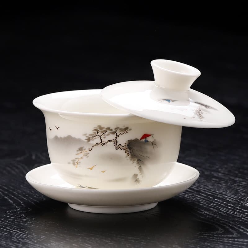 Hover Lid Bowl, Sheep Fat Jade, Sancai Dehua, Simple Office Cup, Home Kung Fu Tea Set, Tea Bowl, Living Room