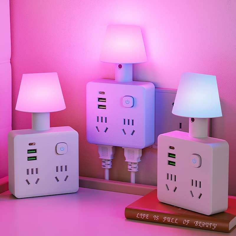 86-Type Ultra-Thin Bedside Socket with USB, Smart Voice-Activated 7-Color Creative Night Light, Multi-Outlet Converter