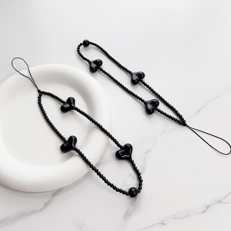New Style Short Phone Strap for Women, Creative Black Heart Beaded Phone Chain Accessory, Earphone Case Lanyard DIY