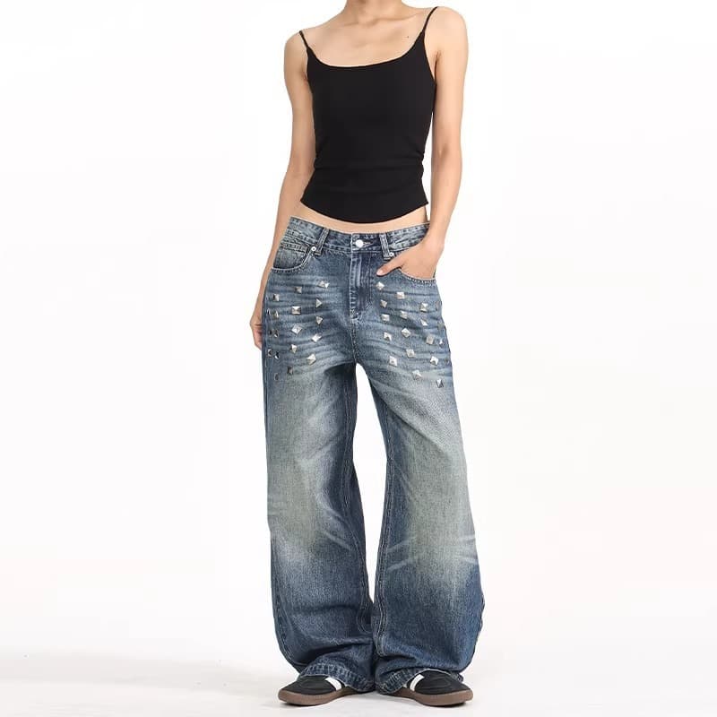 Street Punk Versatile Rivet Decorated Wide-Leg Jeans for Women, Washed Whisker Loose Slimming Straight-Leg Pants