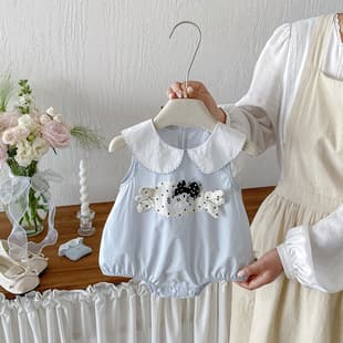 Dianxi Infant Summer New Style Polka Dot Cartoon Patch Vest Romper, Baby Girl Western-style Doll Collar Bodysuit