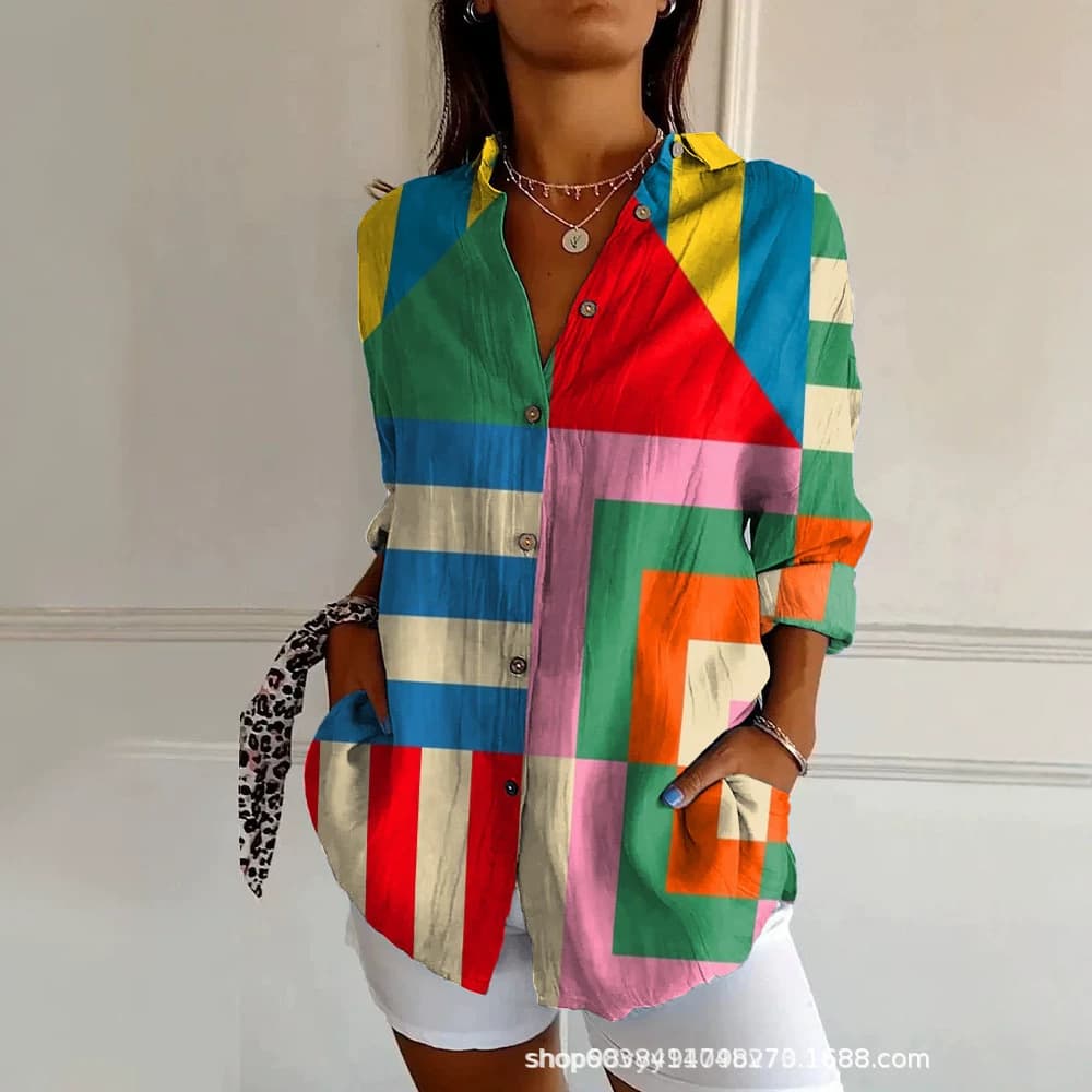 2026 New Amazon Striped Long-Sleeve Shirt for Women Rainbow Cardigan Contrast Color Coat Lapel European and American Cross-Border Export