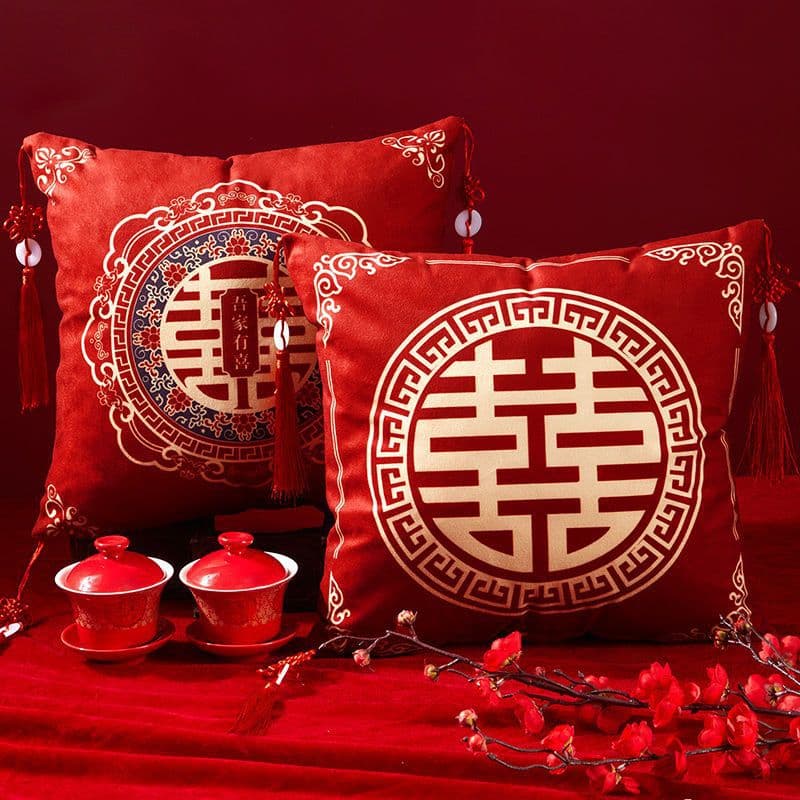 New Style "Double Happiness" Wedding Pillow Pair for Ceremony/Bridal Room Decor, Newlywed Pressure Bed Red Double Happiness Cushion