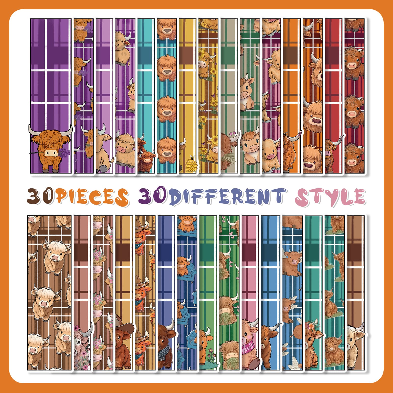 Qiyu Bookmarks 30 pieces of Highland Cow Tartan cross-border cartoon Highland Cow plaid decorative bookmarks