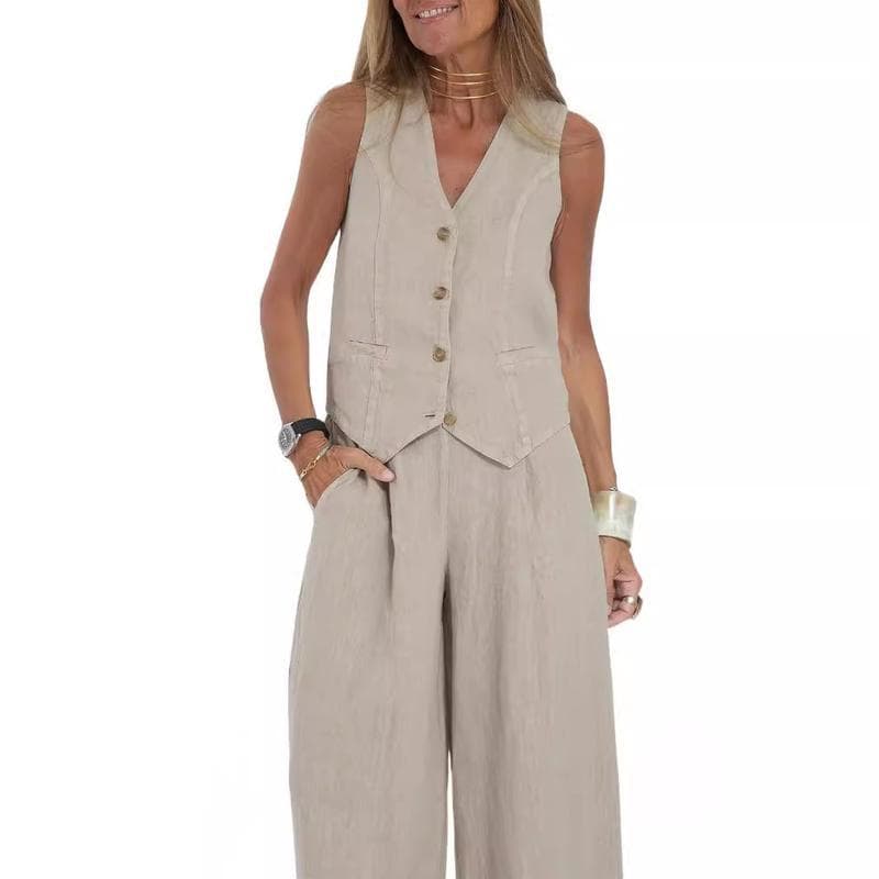 Women Linen Suits 2 Piece Set Lady Summer Casual Vest Suit