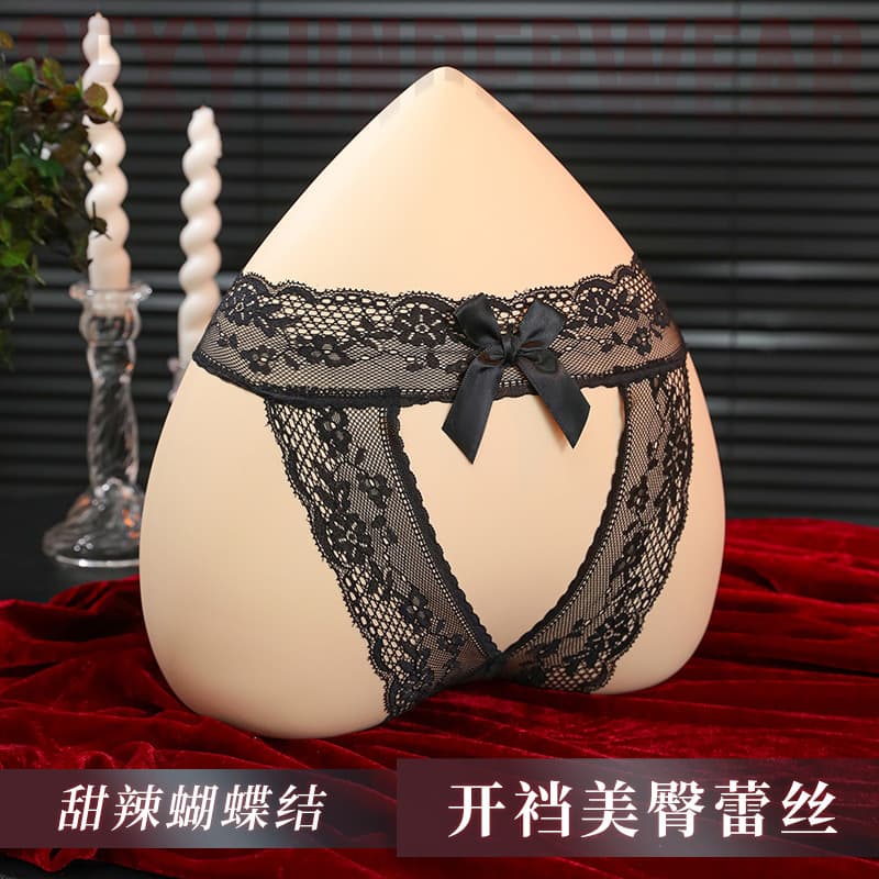 Plus Size Lace Lingerie Panty with Bow Tie, See-Through Open Crotch, Easy-Off Sexy Panty