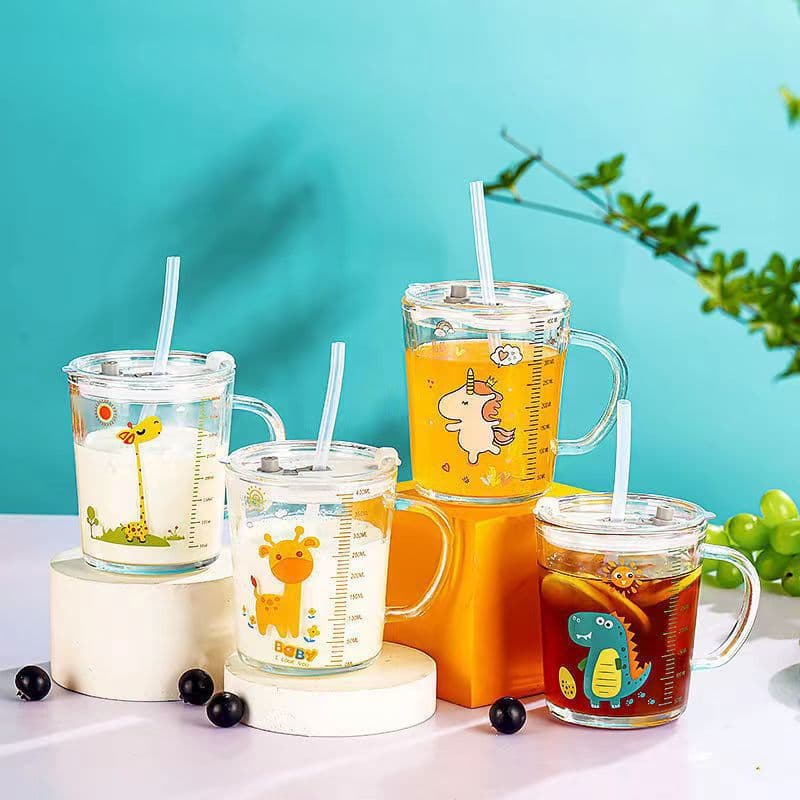 Children's Graduated Milk Cup, Glass Water Cup for Women, Summer Cute Household Breakfast Milk Powder Cup with Straw