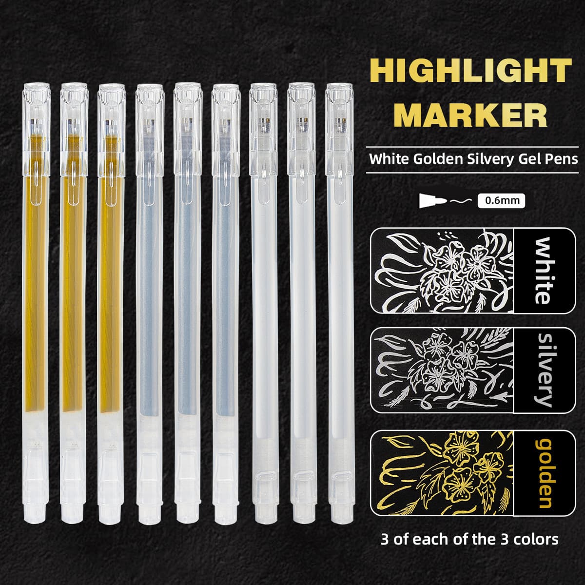 Art Highlight Pen 0.6mm Painting Hook Line Hand-Painted Bright White Gel Pen Gold and Silver Quick-Drying Waterproof Signature Pen