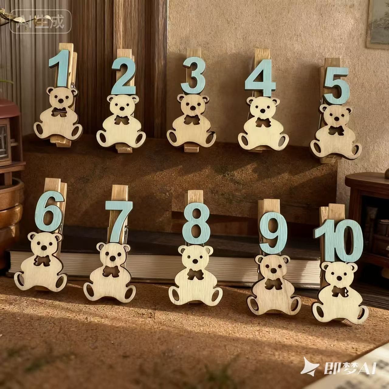 1-10 Number Kids Back-to-School Wooden Clips Photo Props Blue Number Bear Footprint Kids Photo Small Clips
