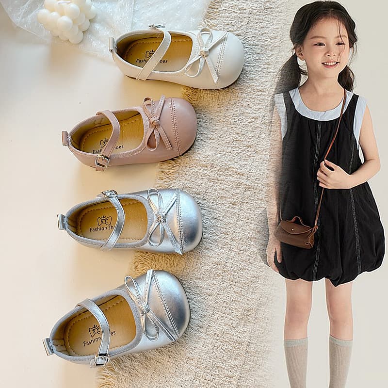 Girls' Solid Color Leather Shoes 2026 Spring/Summer New Style, Small/Medium/Large Kids Cute Bow Princess Shoes, Moccasin Shoes