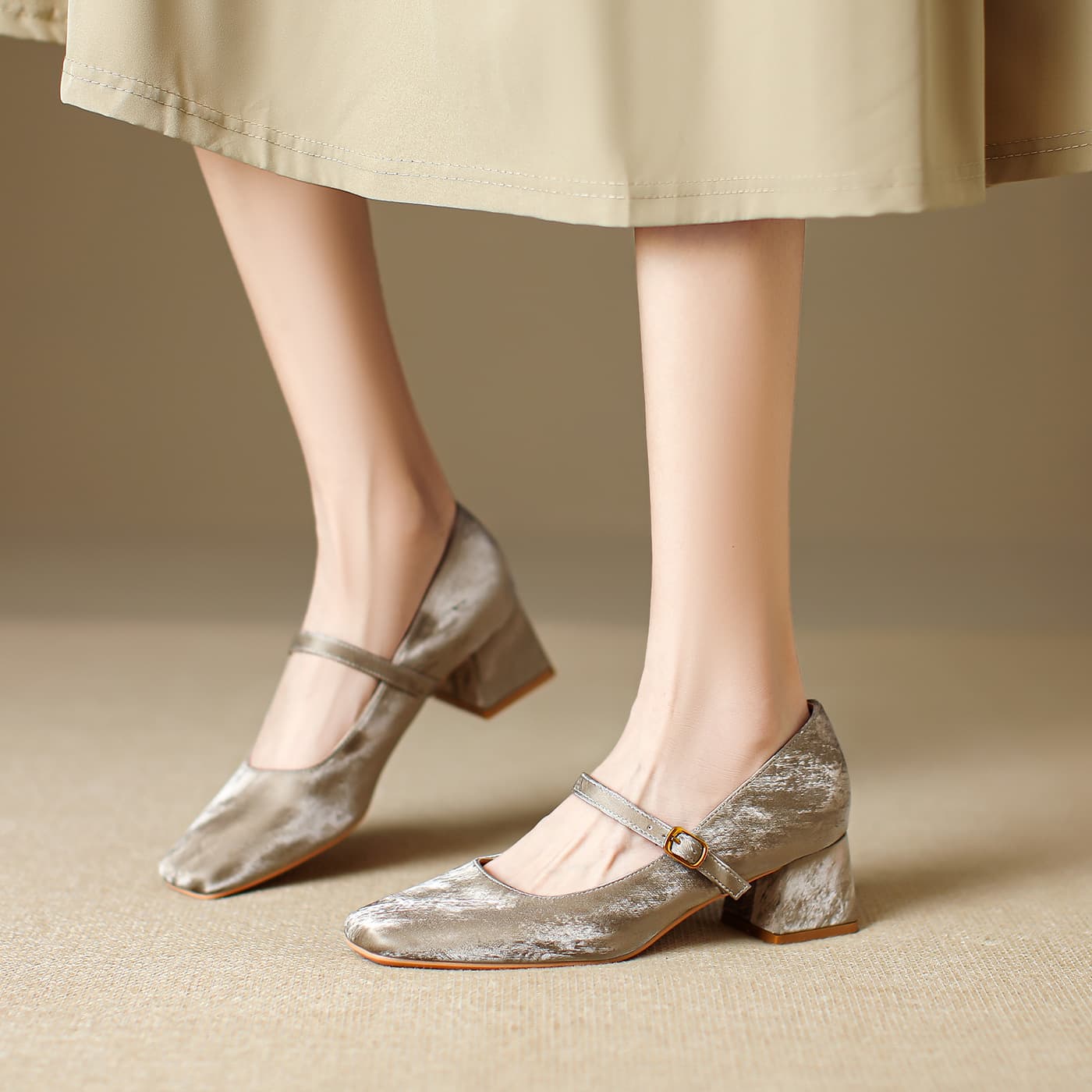 Genuine Leather French Square Toe Chunky Heel Ballet Flats Women's Vintage Mary Jane Shoes with Strap for Qipao