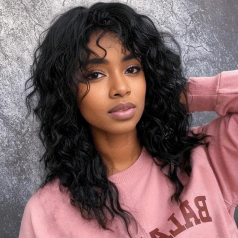 Natural Messy Medium Length Black Curly Hair Woman Wig