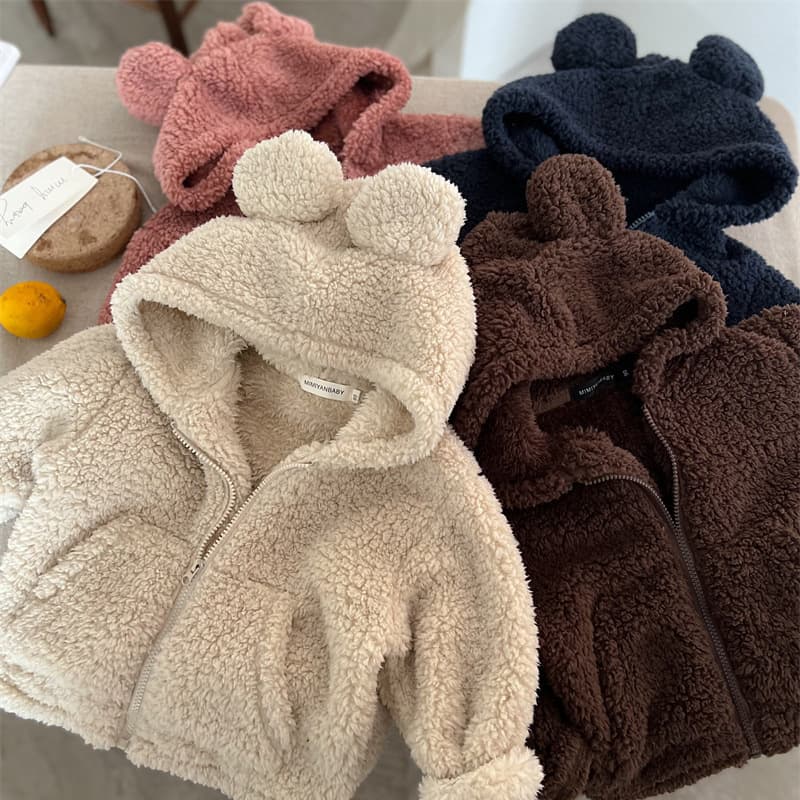 Korean style children's tops, autumn and winter styles for boys and girls, prick-eared fur sweater coats, baby solid color zipper shirts, hooded trendy styles