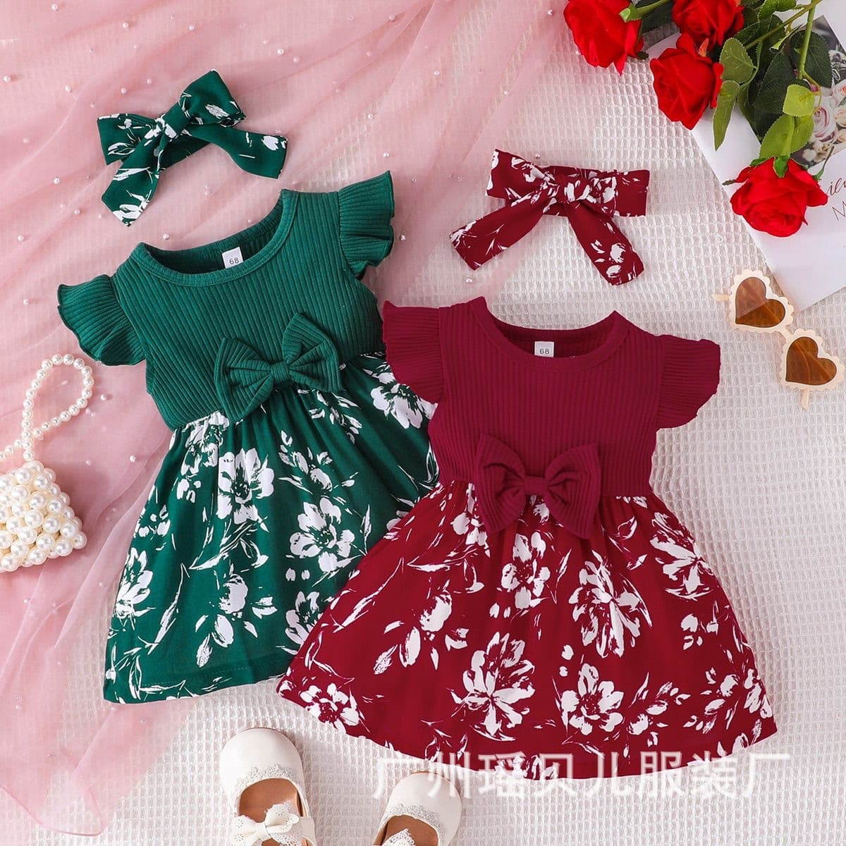 European and American Baby Girls' Class A Summer Dress with Flying Sleeves, Cute Spliced Skirt and Turban Two-Piece Set