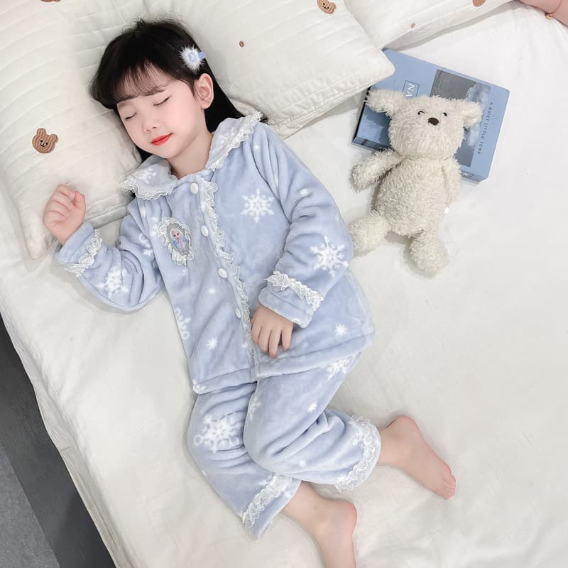 Girls' Autumn and Winter Flannel Warm Home Clothes Coral Thickened Elsa Baby Internet Celebrity Princess Pajamas Set for Children