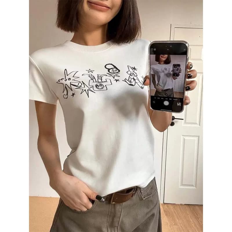 Korean Instagram Niche Fun Cartoon Short-Sleeve Top with Slim Fit and High Elasticity for Students, Featuring a Sweet Girl Style
