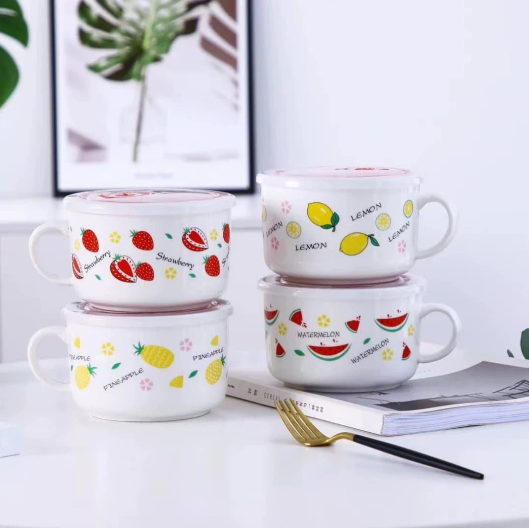 Ceramic Food Storage Bowl with Lid and Handle, Instant Noodle Bowl, Microwave and Refrigerator Safe Lunch Box for Students, Sealed and Cute