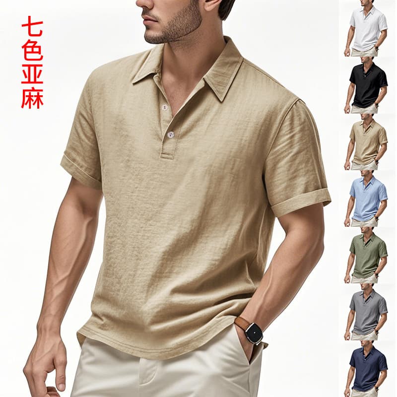 Cross-border men's clothing Amazon short-sleeved polo shirt men's linen British style loose breathable lapel polo shirt t-shirt for men
