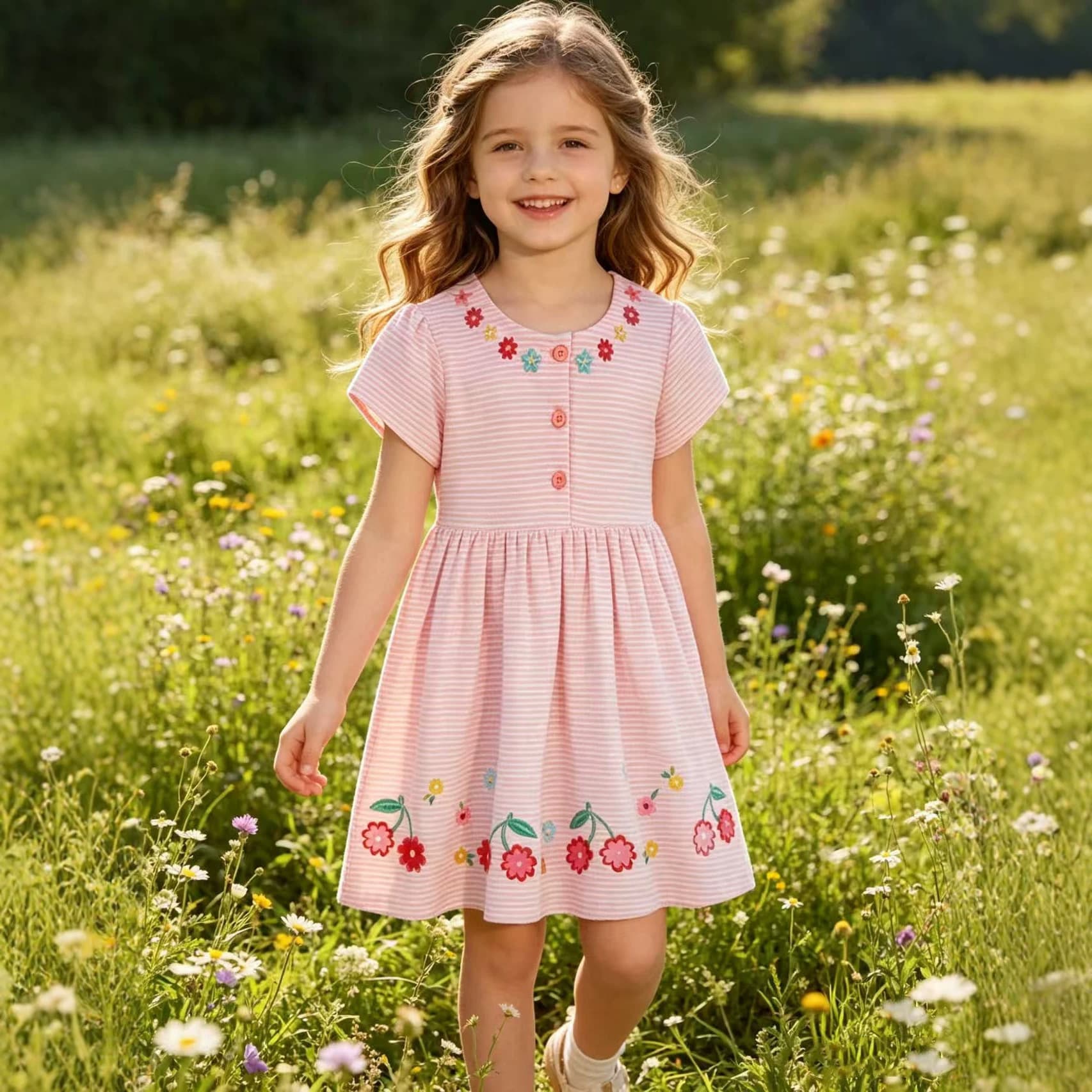 European and American knitted summer new girls' dresses embroidered girls' princess dresses short-sleeved children's skirts distribution and wholesale