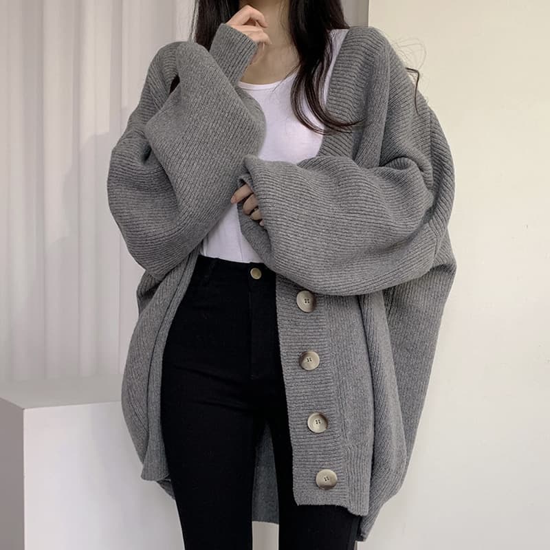 Korean Chic Fall/Winter Casual Relaxed V-Neck Single-Breasted Loose Lantern Sleeve Knit Cardigan Sweater Coat for Women