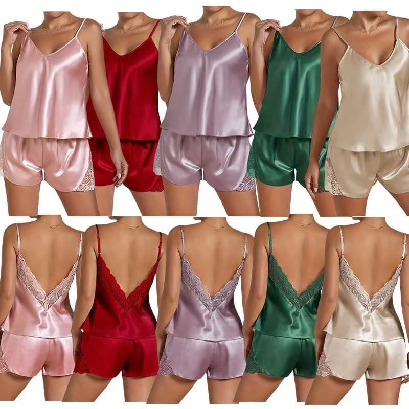 Cross-border Women's Pajamas Plus Size 2025 New Ice Silk Short Camisole Shorts Thin Women's Pajamas Set Amazon Wholesale
