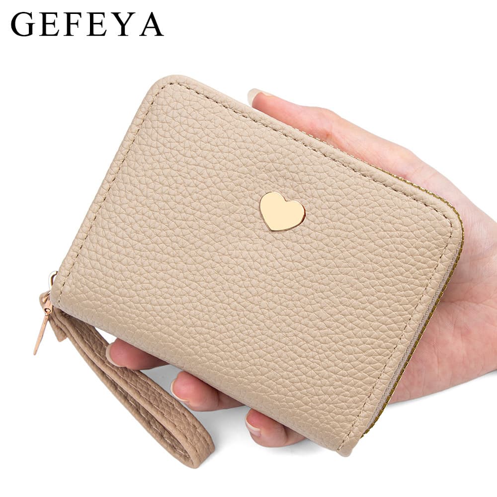 GEFEYA Simple Pebble Grain Short Double-Layer Coin Purse with Heart Design, Portable Double Zipper Storage Card Holder Clutch