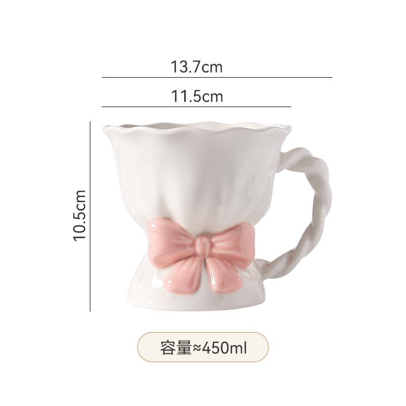 Original High-Aesthetic Bow Ceramic Mug Set for Home, Exquisite Afternoon Tea Cup with Saucer, Gift for Bestie