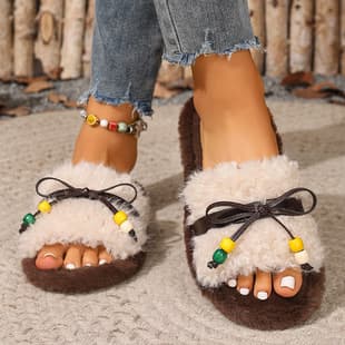New Autumn Winter Fuzzy Slippers for Women, Korean Fashion Warm Home Cotton Slippers, Indoor Flat Open-Toe Plush Slippers