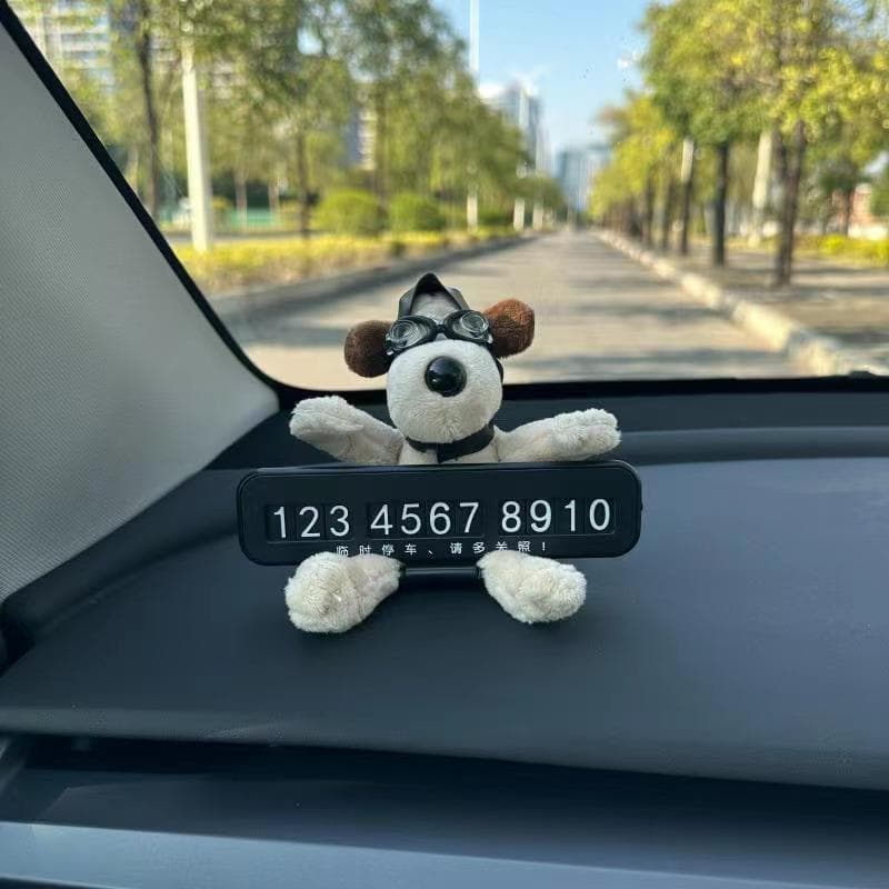 Cute Car Number Plate with Plush Dog Figure - 3D Parking Sign, Plush Toy Car Decor