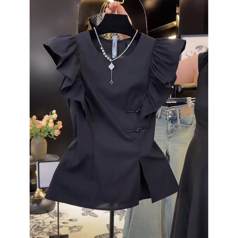 Plus Size New Chinese Patchwork Ruffle Edge Frog Button Chinese Style Flutter Sleeve Blouse for Women Summer Versatile Split Slimming Top