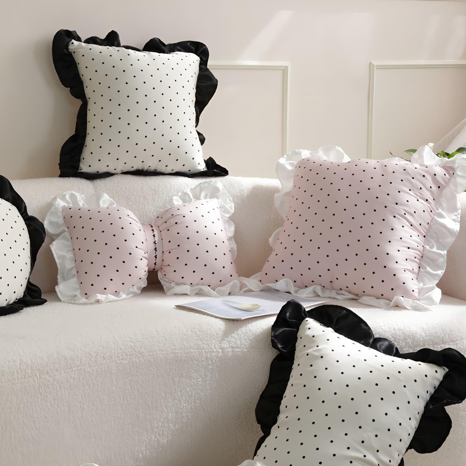 Beautiful elements French pastoral fresh pillow fabric polka dot lotus leaf lace sofa cushion cushion bedside waist pillow